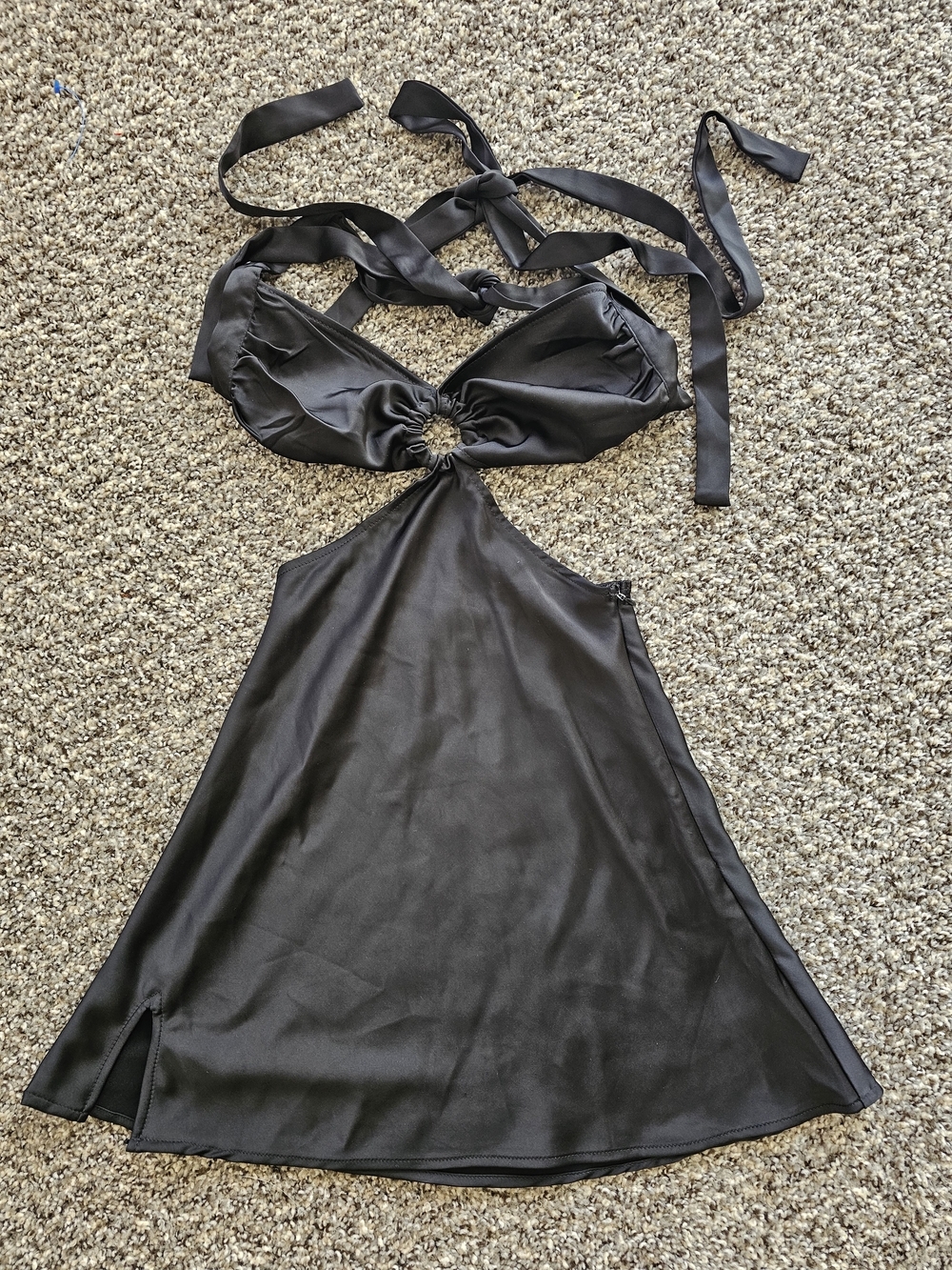 Black Satin Cut-Out Halter Mini Dress - Picture 2 of 6